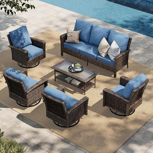 HERA'S HOUSE Patio Furniture Set, 4 x High Back Swivel Chairs with 5.5" Comfy Cushions, 6 Pieces Outdoor Wicker Conversation Set for Lawn Deck Backyard, Navy Blue