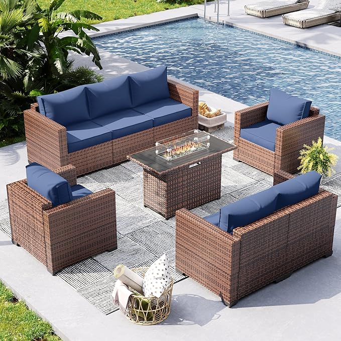 UDPATIO Patio Furniture Set with 44" Fire Pit Table, 5 Pieces Outdoor Furniture Sets, Wicker Rattan Patio Conversation Sets with Outdoor Sofa Waterproof Covers for Porch Deck Backyard, Blue