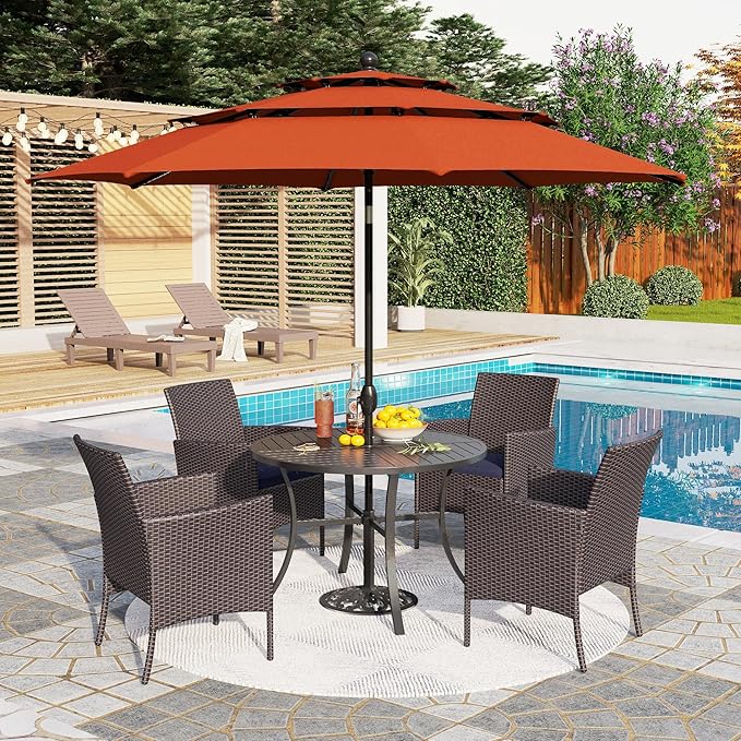 PHI VILLA 5 Piece Outdoor Dining Set with Umbrella for 4, Round Metal Steel Dining Table & Wicker Chairs with Cushions & Red Umbrella, Modern Furniture for Patio, Deck, Yard, Porch
