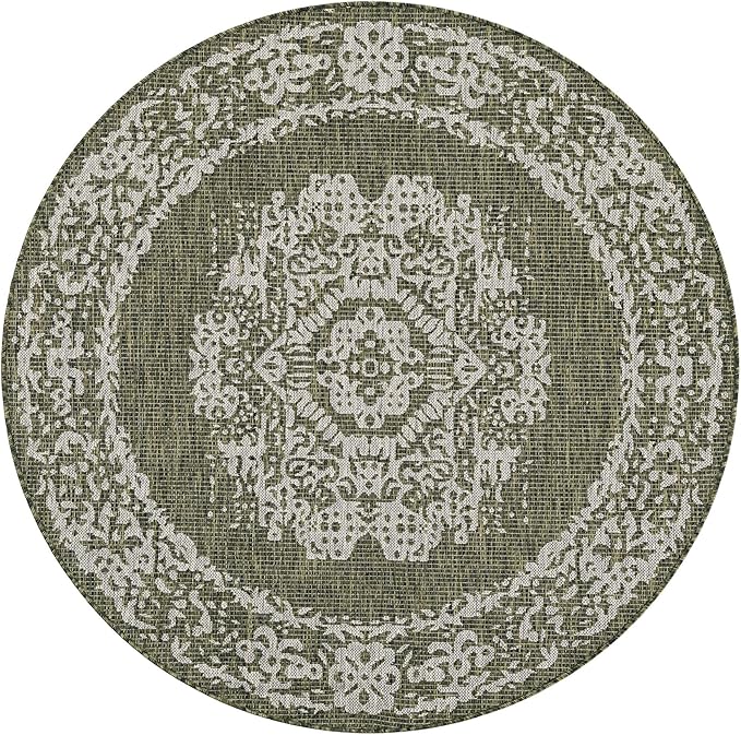 Unique Loom Outdoor Traditional Collection Area Rug - Timeworn (5' 3" Round Green/Ivory)