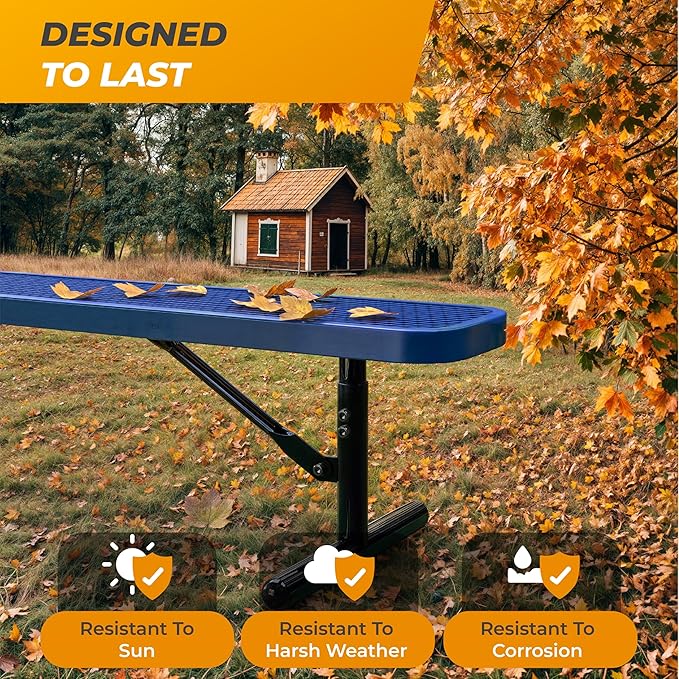 Heavy-Duty Outdoor Metal Bench, Thermoplastic-Coated, Portable, Weatherproof, Commercial-Grade for Parks, Gardens, Patios, Stores & More (6 Ft - Portable, Blue)