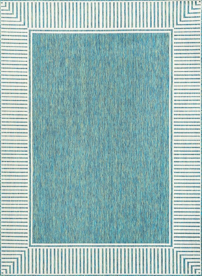 nuLOOM 9'6" x 12' Outdoor Area Rug, Casual Design With Striped Border, Stain Resistant, Highly Durable, For Patio, Balcony, Bedroom, Living Room, Dining Room, Bathroom, Teal