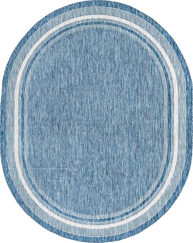 Unique Loom Outdoor Border Collection Area Rug - Soft Border (7' 10" x 10' Oval, Blue/ Ivory)