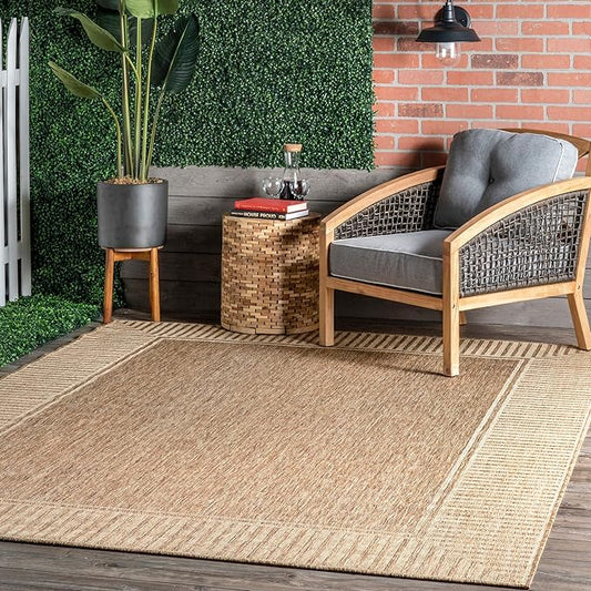 nuLOOM 6' 7" x 9' Outdoor Area Rug, Casual Design With Striped Border, Stain Resistant, Highly Durable, For Patio, Balcony, Bedroom, Living Room, Dining Room, Bathroom, Light Brown