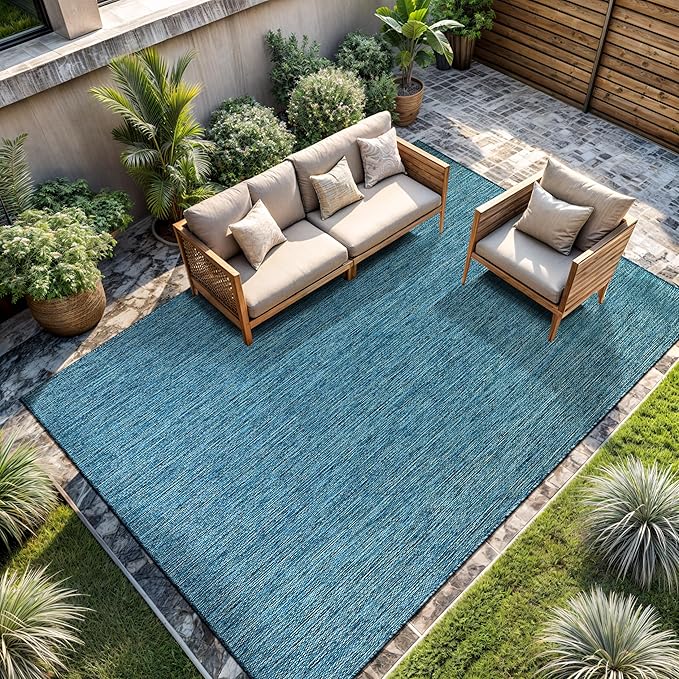 CAMILSON Outdoor Rug 9x12 Modern Area Rugs for Large Indoor and Outdoor Patios and Porches - Waterproof, Washable, Non-Shedding, Easy-to-Clean Outside Carpet (9 x 12, Solid - Aqua)