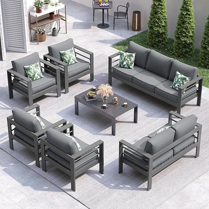 UDPATIO 10 Piece Aluminum Patio Furniture Set, Oversized Modern Outdoor Furniture Set with Olefin Fabric Cushion for Patio Deck Backyard, Dark Grey (with Waterproof Covers)