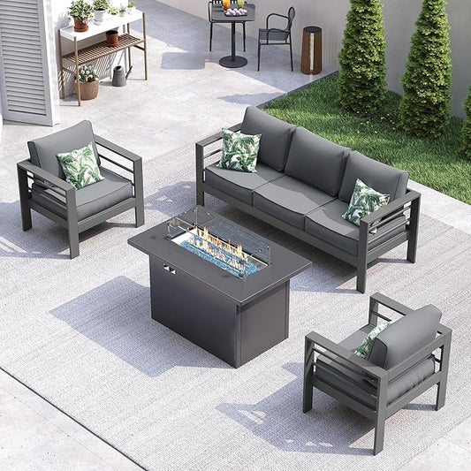 UDPATIO 8 Piece Aluminum Patio Furniture Set with Aluminum Fire Pit Table,Mordern Outdoor Furniture Set with Water-Proof Cover Included, Dark Grey