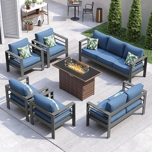 UDPATIO 10 Piece Aluminum Patio Furniture Set with Wicker Fire Pit Table,Mordern Outdoor Furniture Set with Water-Proof Cover Included, Dark Grey/Navy