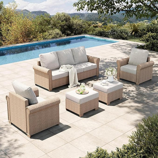 HERA'S HOUSE 5 Pieces Patio Furniture Set, All Weather 7 Seats Outdoor Wicker Sofa with Ottoman, 5.5" Thick Waterproof Cushion Conversation Set for Garden Deck Backyard, Beige