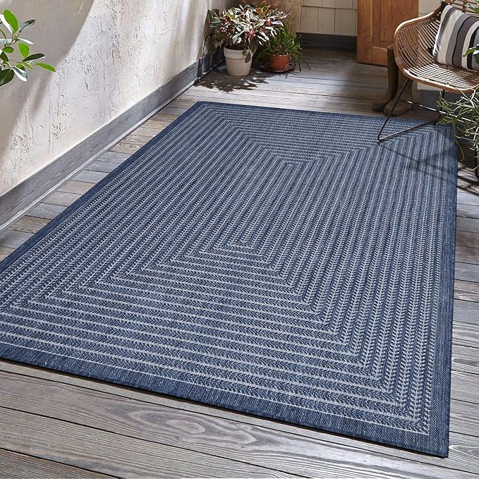 Adiva Rugs Outdoor Indoor Area Rug, Weather Resistant, Easy to Clean, Stain Resistant Floor Mat for Dining Room, Backyard, Deck, Patio (Navy Weiss, 10' x 14')