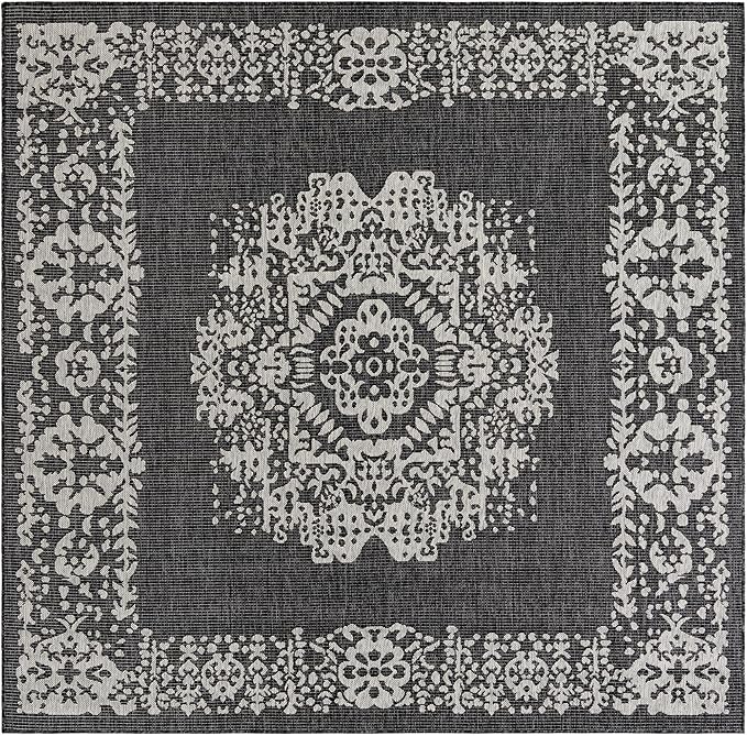 Unique Loom Outdoor Traditional Collection Area Rug - Timeworn (7' 10" Square Charcoal Gray/Gray)