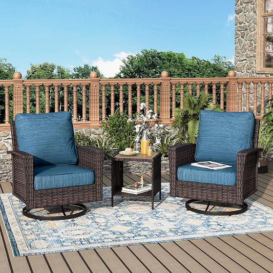 Outdoor Swivel Patio Chairs Set of 2 with Side Table, 3 Piece Wicker Highback Patio Bistro Set with Cushions for Deck Porch and Yard, Peacock Blue