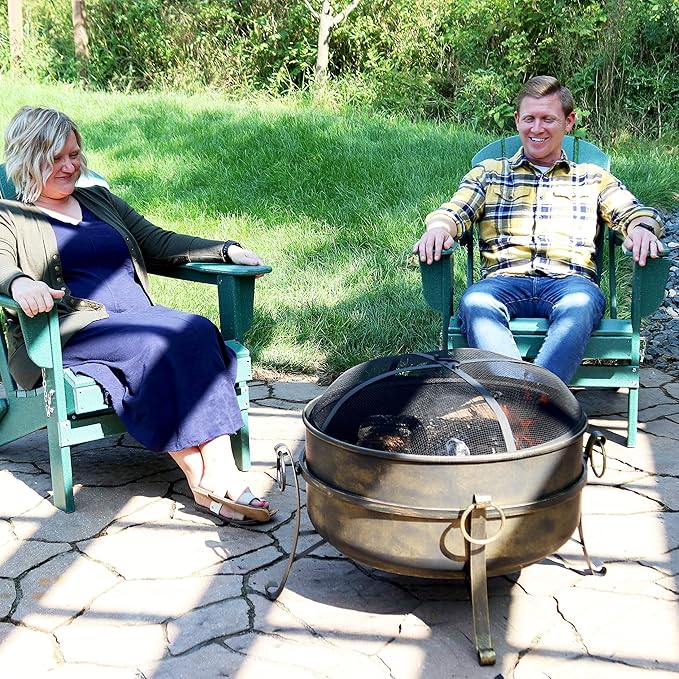 Sunnydaze 24-Inch Small Fire Pit for Outside - Wood-Burning Fire Pit Bowl for Outdoors with Spark Screen, Log Poker, and Grate