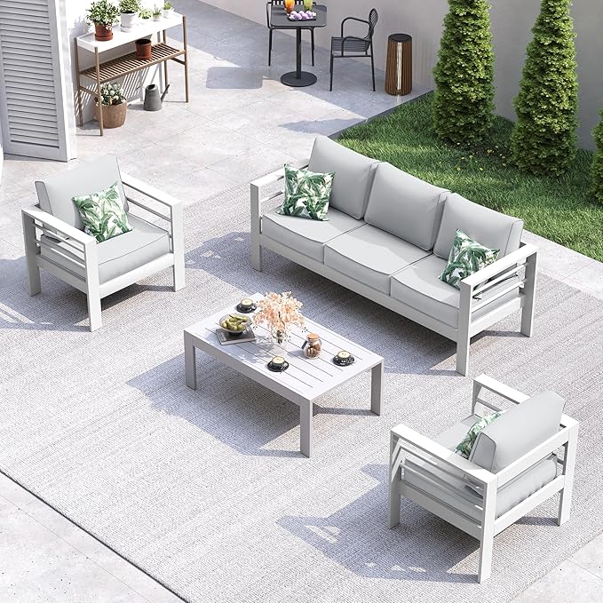 UDPATIO 6 Piece Aluminum Patio Furniture Set, Oversized Modern Outdoor Furniture Set with Olefin Fabric Cushion for Patio Deck Backyard, White(with Waterproof Covers)
