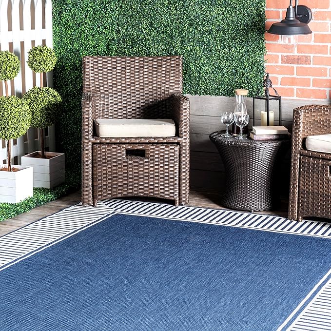 nuLOOM 2' x 6' Outdoor/Indoor Asha Area Rug, Asha Navy, Casual Design with Striped Border, Stain Resistant, Highly Durable, for Patio, Balcony, Bedroom, Living Room, Dining Room, Bathroom