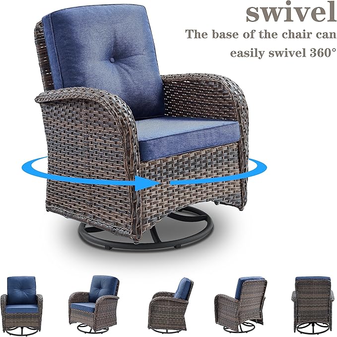 Belord 7 Piece Outdoor Patio Wicker Furniture Sets with Swivel Rocker Chairs, Rattan Loveseat Conversation Sets for Patio Deck Backyard Poolside, Blue Cushion