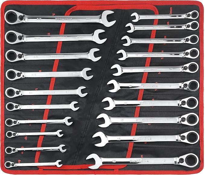 STARWORK TRUE MECHANIC™ 20 Pc. Reversible Ratcheting Combination Wrench Set, Non-Slip, Long Pattern, SAE, Metric, Professional, With Portable Roll-Up Pouch Bag…