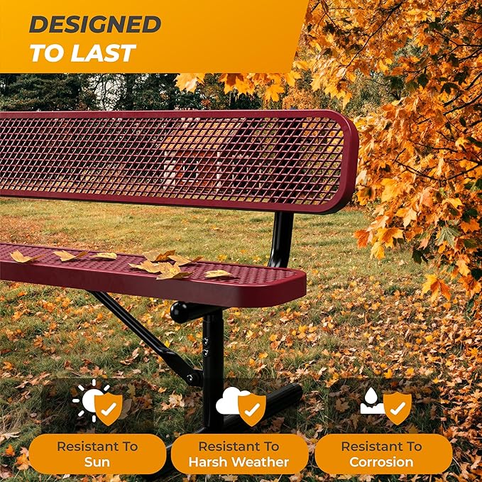Heavy-Duty Outdoor Metal Bench, Thermoplastic-Coated, Inground, Weatherproof, Commercial-Grade for Parks, Gardens, Patios, Stores & More (8 Ft - Inground with Back, Red)