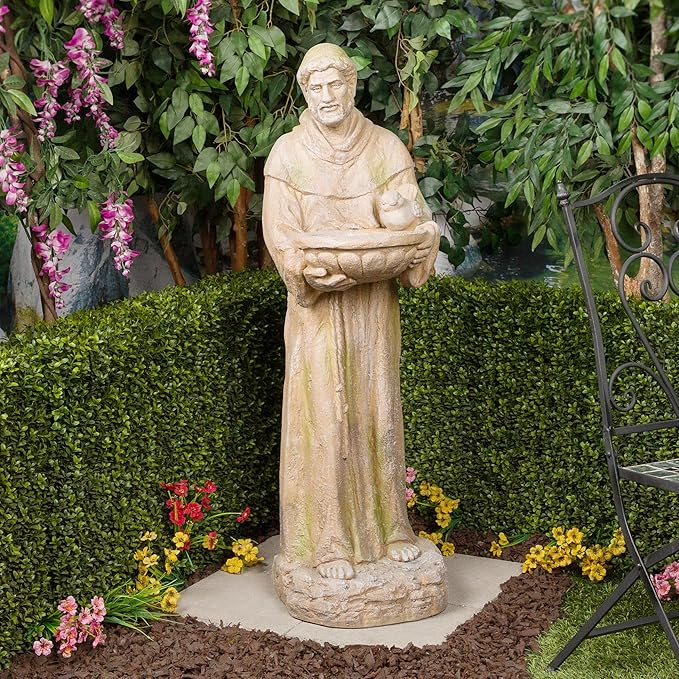 Alpine Corporation QFC107-201 Old World St. Francis Statue with Bird Feeder and Mossy Finish, 45" H, Tan and Green
