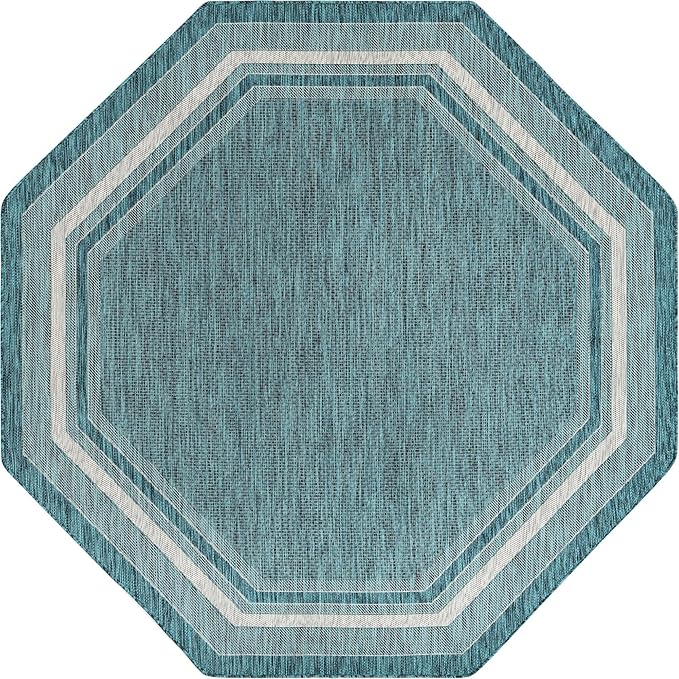 Unique Loom Outdoor Border Collection Area Rug - Soft Border (7' 10" Octagon, Teal/ Ivory)