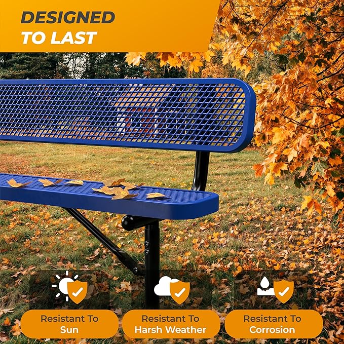 Heavy-Duty Outdoor Metal Bench, Thermoplastic-Coated, Inground, Weatherproof, Commercial-Grade for Parks, Gardens, Patios, Stores & More (8 Ft - Inground with Back, Blue)