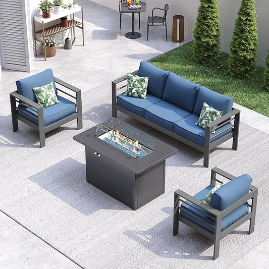 UDPATIO 8 Piece Aluminum Patio Furniture Set with Aluminum Fire Pit Table,Mordern Outdoor Furniture Set with Water-Proof Cover Included, Dark Grey/Navy