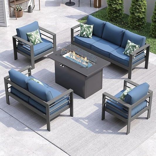 UDPATIO 6 Piece Aluminum Patio Furniture Set with Aluminum Fire Pit Table,Mordern Outdoor Furniture Set with Water-Proof Cover Included, Dark Grey/Navy