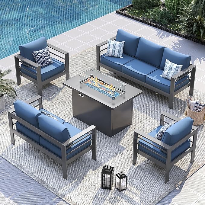 UDPATIO 6 Piece Aluminum Patio Furniture Set with Aluminum Fire Pit Table,Mordern Outdoor Furniture Set with Water-Proof Cover Included, Dark Grey/Navy