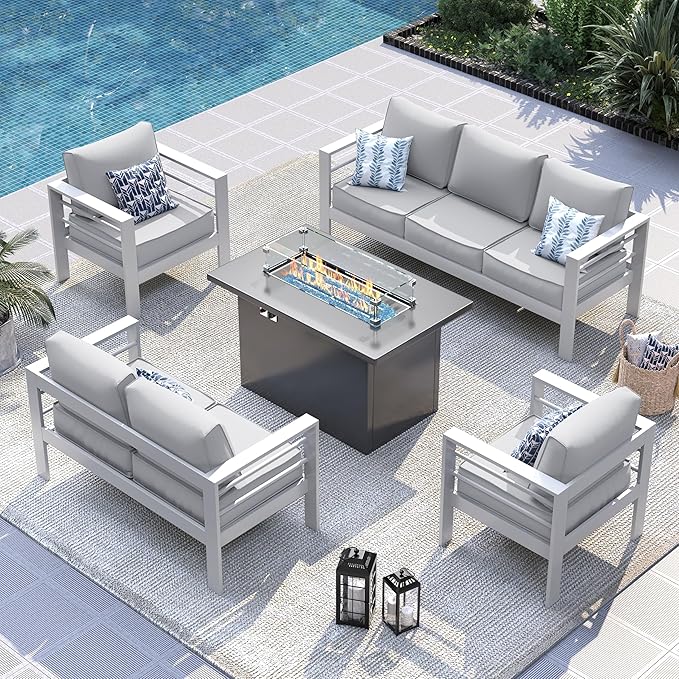 UDPATIO 6 Piece Aluminum Patio Furniture Set with Aluminum Fire Pit Table,Mordern Outdoor Furniture Set with Water-Proof Cover Included,White