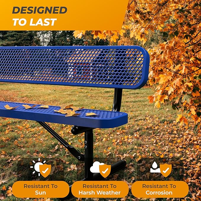Heavy-Duty Outdoor Metal Bench, Thermoplastic-Coated, Portable, Weatherproof, Commercial-Grade for Parks, Gardens, Patios, Stores & More (4 Ft - Portable with Back, Blue)