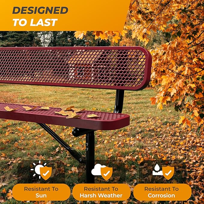 Heavy-Duty Outdoor Metal Bench, Thermoplastic-Coated, Surface, Weatherproof, Commercial-Grade for Parks, Gardens, Patios, Stores & More (6 Ft - Surface with Back, Red)