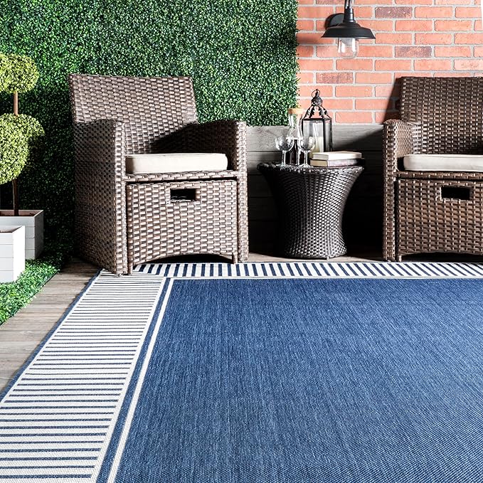 nuLOOM 2' x 6' Outdoor/Indoor Asha Area Rug, Asha Navy, Casual Design with Striped Border, Stain Resistant, Highly Durable, for Patio, Balcony, Bedroom, Living Room, Dining Room, Bathroom