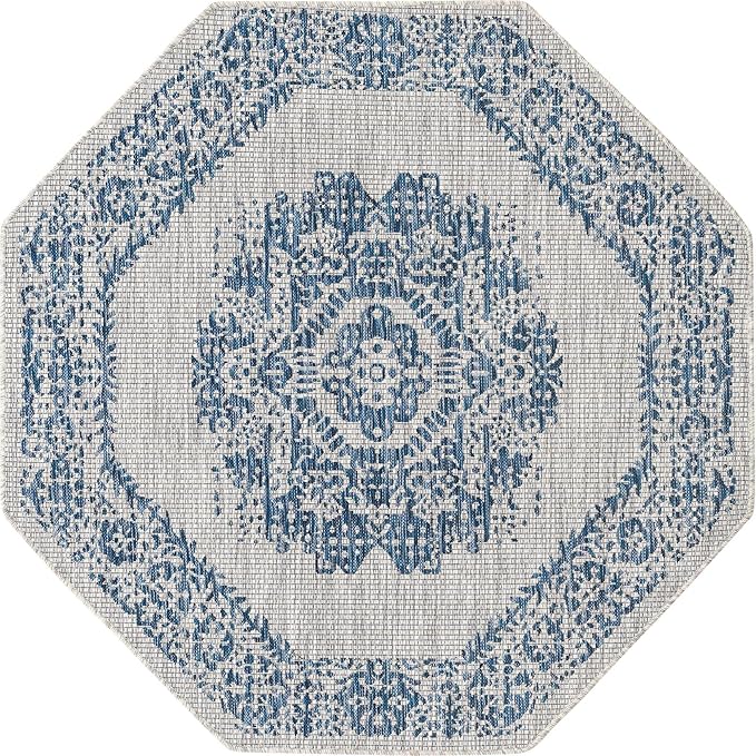 Unique Loom Outdoor Traditional Collection Area Rug - Timeworn (5' 3" Octagon, Blue/ Gray)