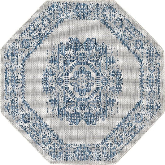 Unique Loom Outdoor Traditional Collection Area Rug - Timeworn (5' 3" Octagon, Blue/ Gray)