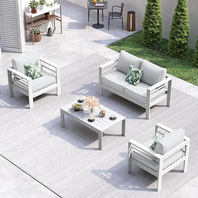 UDPATIO Aluminum Patio Furniture Set, 4 Seats Modern Outdoor Seating Set for Balcony(Include Waterproof Sofa Cover)