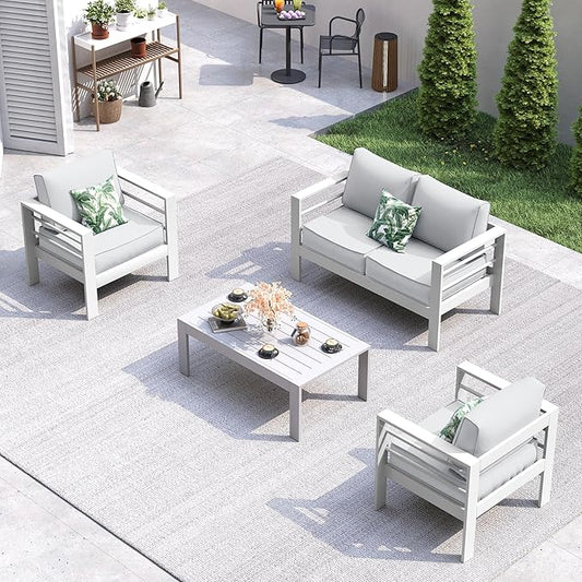UDPATIO Aluminum Patio Furniture Set, 4 Seats Modern Outdoor Seating Set for Balcony(Include Waterproof Sofa Cover)