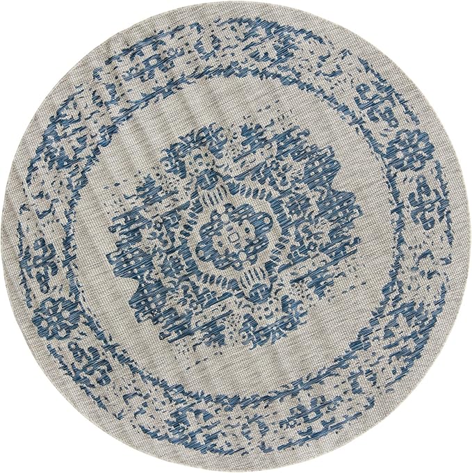 Unique Loom Outdoor Traditional Collection Area Rug - Timeworn (7' 10" Round, Blue/ Gray)