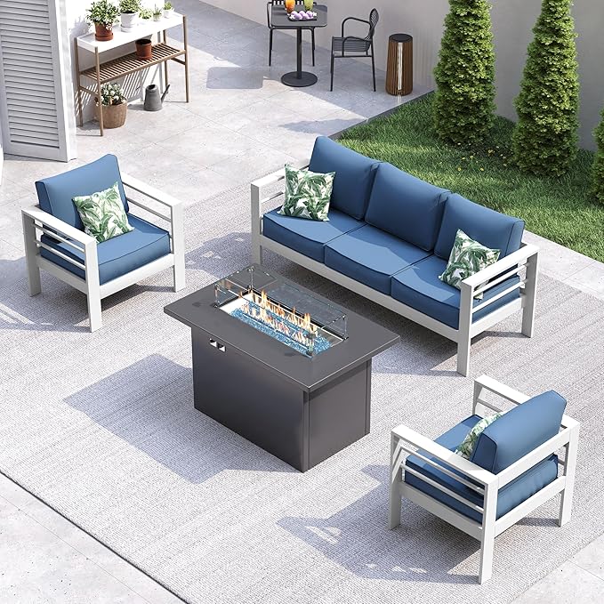 UDPATIO 8 Piece Aluminum Patio Furniture Set with Aluminum Fire Pit Table,Mordern Outdoor Furniture Set with Water-Proof Cover Included, White/Navy