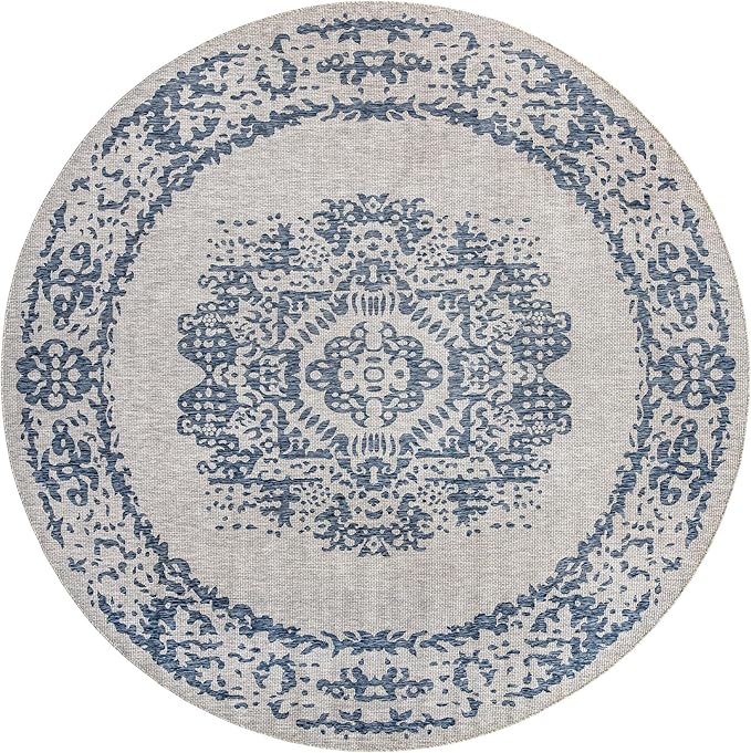 Unique Loom Outdoor Traditional Collection Area Rug - Timeworn (13' Round Blue/Gray)