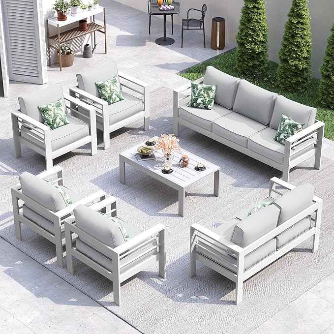 UDPATIO 10 Piece Aluminum Patio Furniture Set, Oversized Modern Outdoor Furniture Set with Olefin Fabric Cushion for Patio Deck Backyard, White (with Waterproof Covers)
