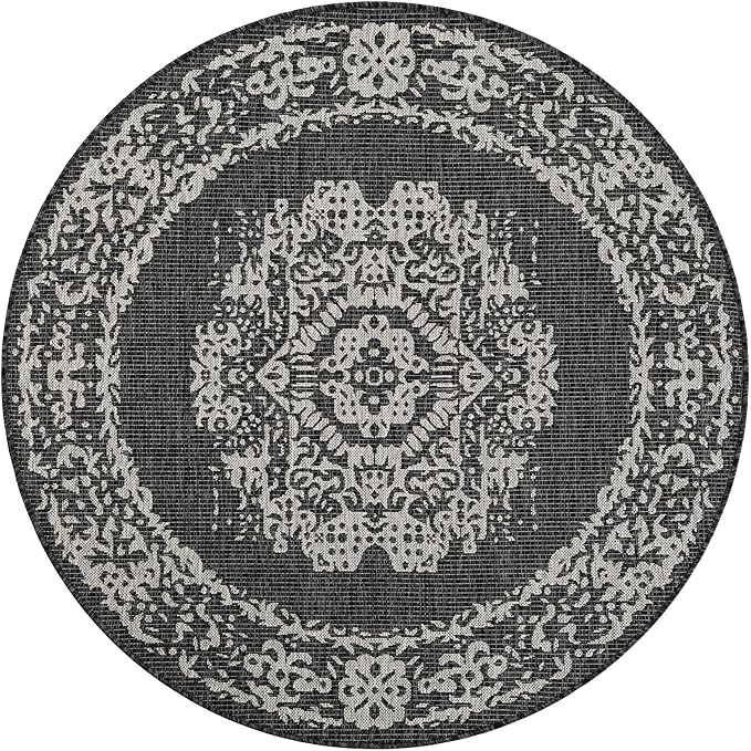Unique Loom Outdoor Traditional Collection Area Rug - Timeworn (5' 3" Round Charcoal Gray/Gray)