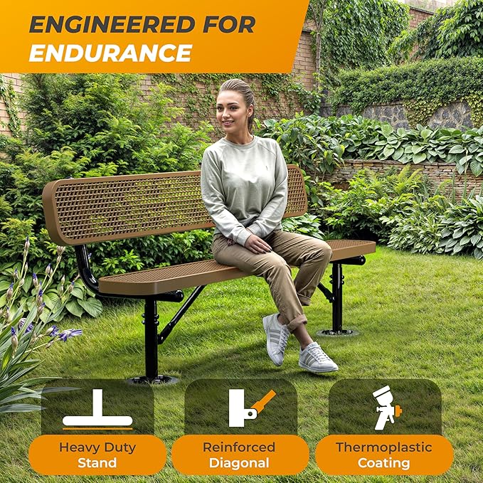 Heavy-Duty Outdoor Metal Bench, Thermoplastic-Coated, Surface, Weatherproof, Commercial-Grade for Parks, Gardens, Patios, Stores & More (6 Ft - Surface with Back, Brown)