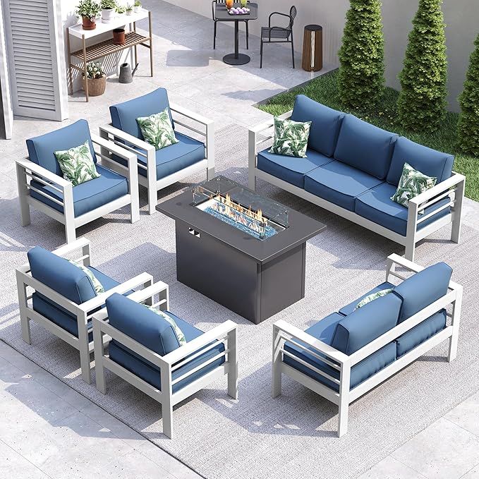 UDPATIO 10 Piece Aluminum Patio Furniture Set, Oversized Modern Outdoor Furniture Set with Olefin Fabric Cushion for Patio Deck Backyard, White/Navy(with Waterproof Covers)