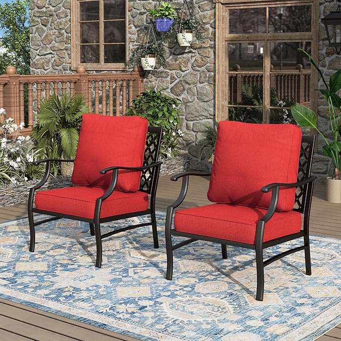 Patio Chairs Set of 2, High Back Outdoor Patio Metal Leg Chairs with 5.75" Thick Cushions for Bistro Balcony Porch Deck and Yard, Red