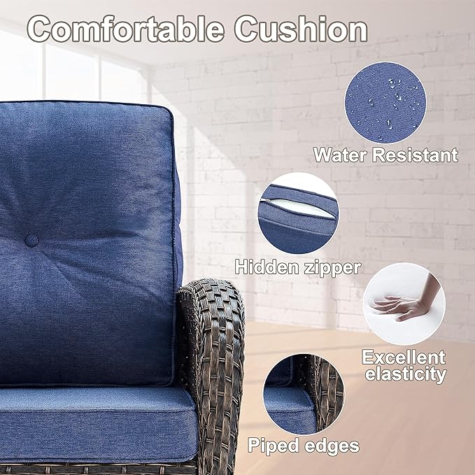 Belord 7 Piece Outdoor Patio Wicker Furniture Sets with Swivel Rocker Chairs, Rattan Loveseat Conversation Sets for Patio Deck Backyard Poolside, Blue Cushion