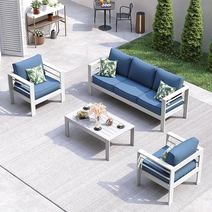 UDPATIO 6 Piece Aluminum Patio Furniture Set, Oversized Modern Outdoor Furniture Set with Olefin Fabric Cushion for Patio Deck Backyard, White/Navy(with Waterproof Covers)