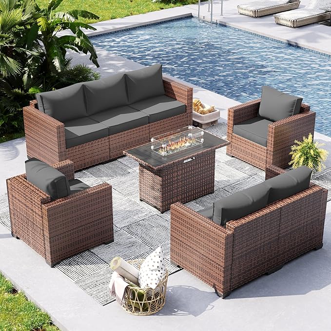 UDPATIO Patio Furniture Set with 44" Fire Pit Table, 5 Pieces Outdoor Furniture Sets, Wicker Rattan Patio Conversation Sets with Outdoor Sofa Waterproof Covers for Porch Deck Backyard, Grey