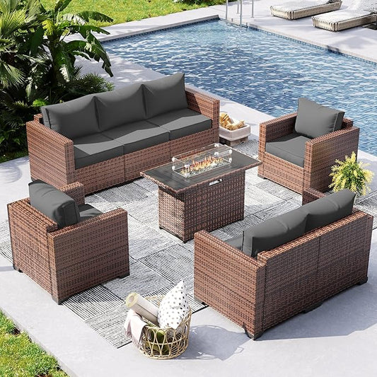 UDPATIO Patio Furniture Set with 44" Fire Pit Table, 5 Pieces Outdoor Furniture Sets, Wicker Rattan Patio Conversation Sets with Outdoor Sofa Waterproof Covers for Porch Deck Backyard, Grey
