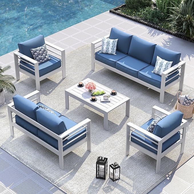 UDPATIO 8 Piece Aluminum Patio Furniture Set, Oversized Modern Outdoor Furniture Set with Olefin Fabric Cushion for Patio Deck Backyard, White/Navy(with Waterproof Covers)