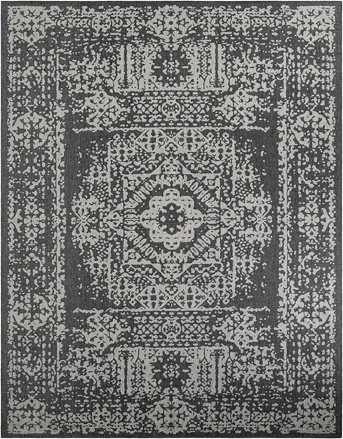 Unique Loom Outdoor Traditional Collection Area Rug - Timeworn (10' x 13' 1" Rectangle Charcoal Gray/Gray)